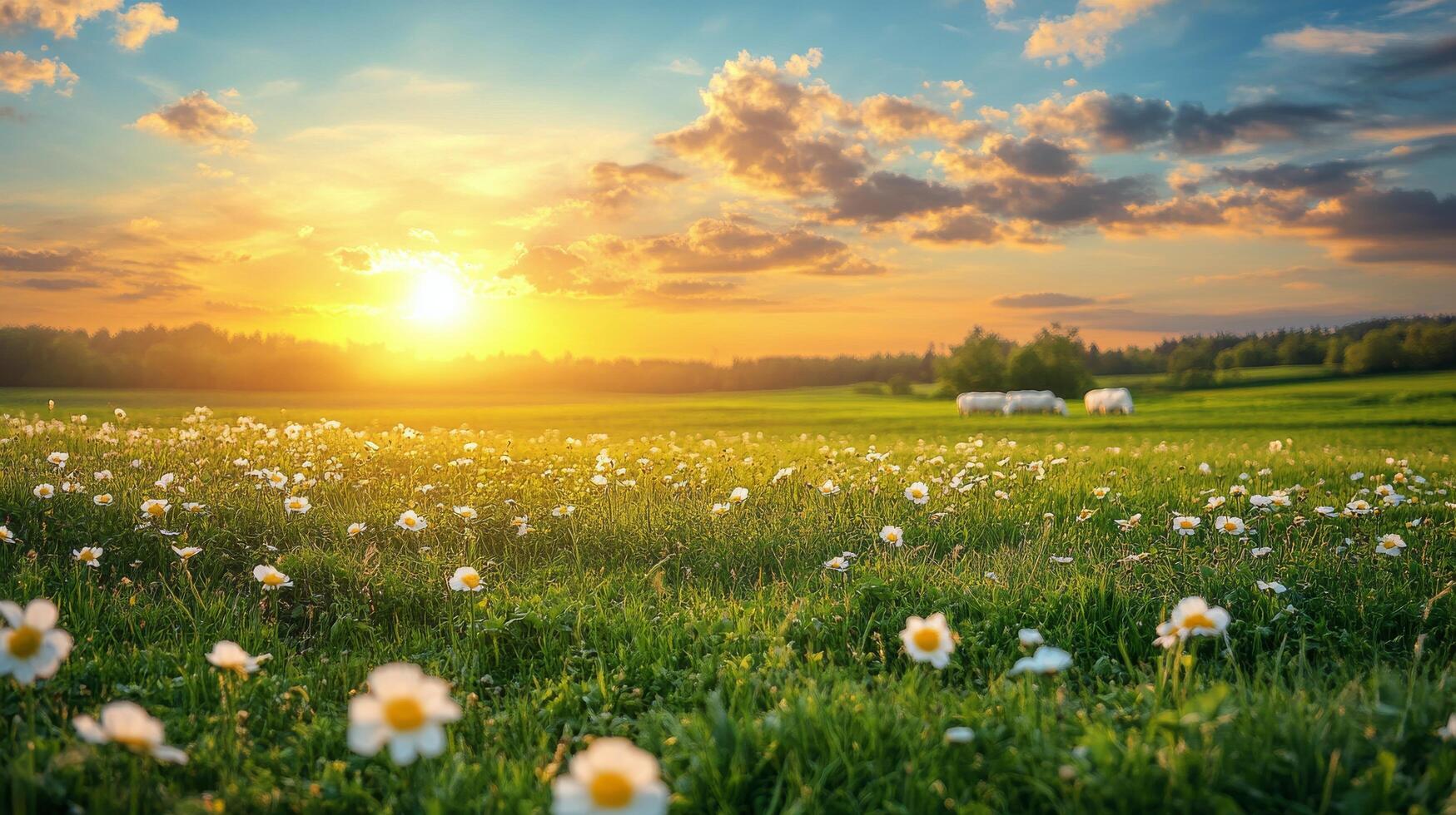 A serene sunset view with a cow grazing in a lush green field on a warm evening photo