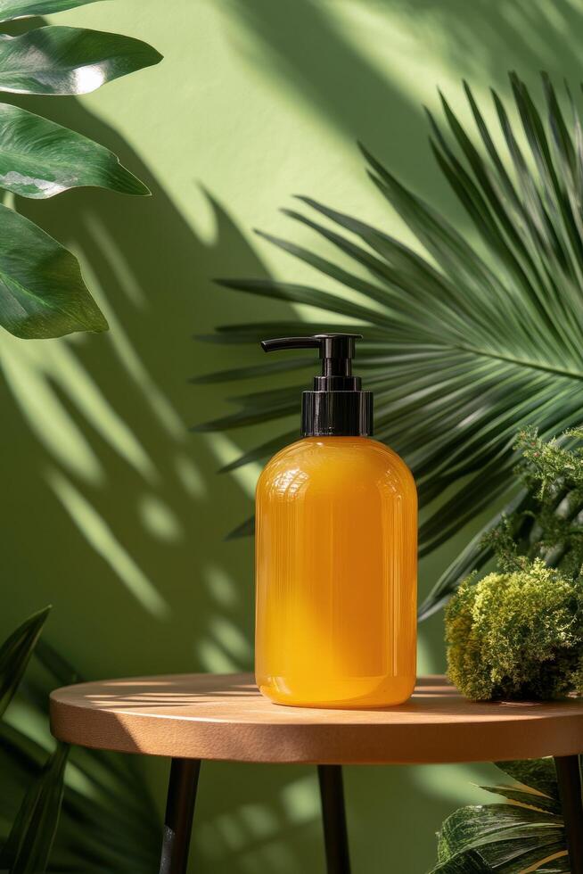 Stylish amber bottle surrounded by green tropical leaves on textured background photo