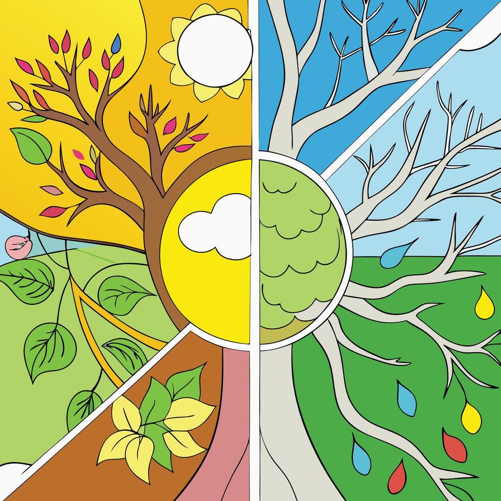 Four seasons of the year with trees and clouds vector