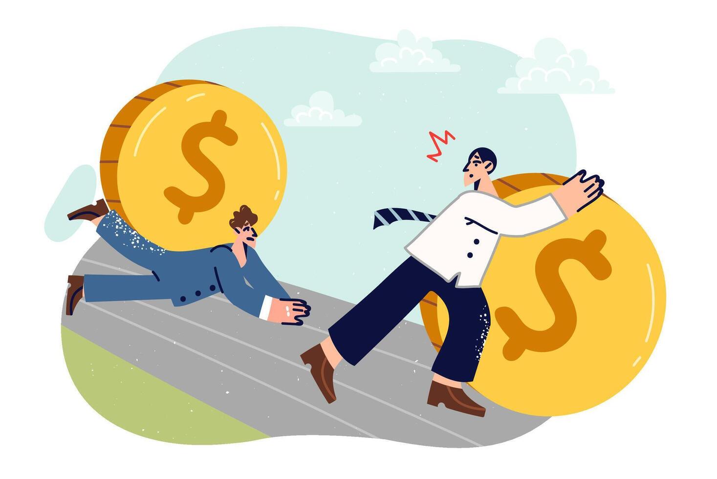 Business men are running away from inflation, trying to escape recession in form of giant coins vector