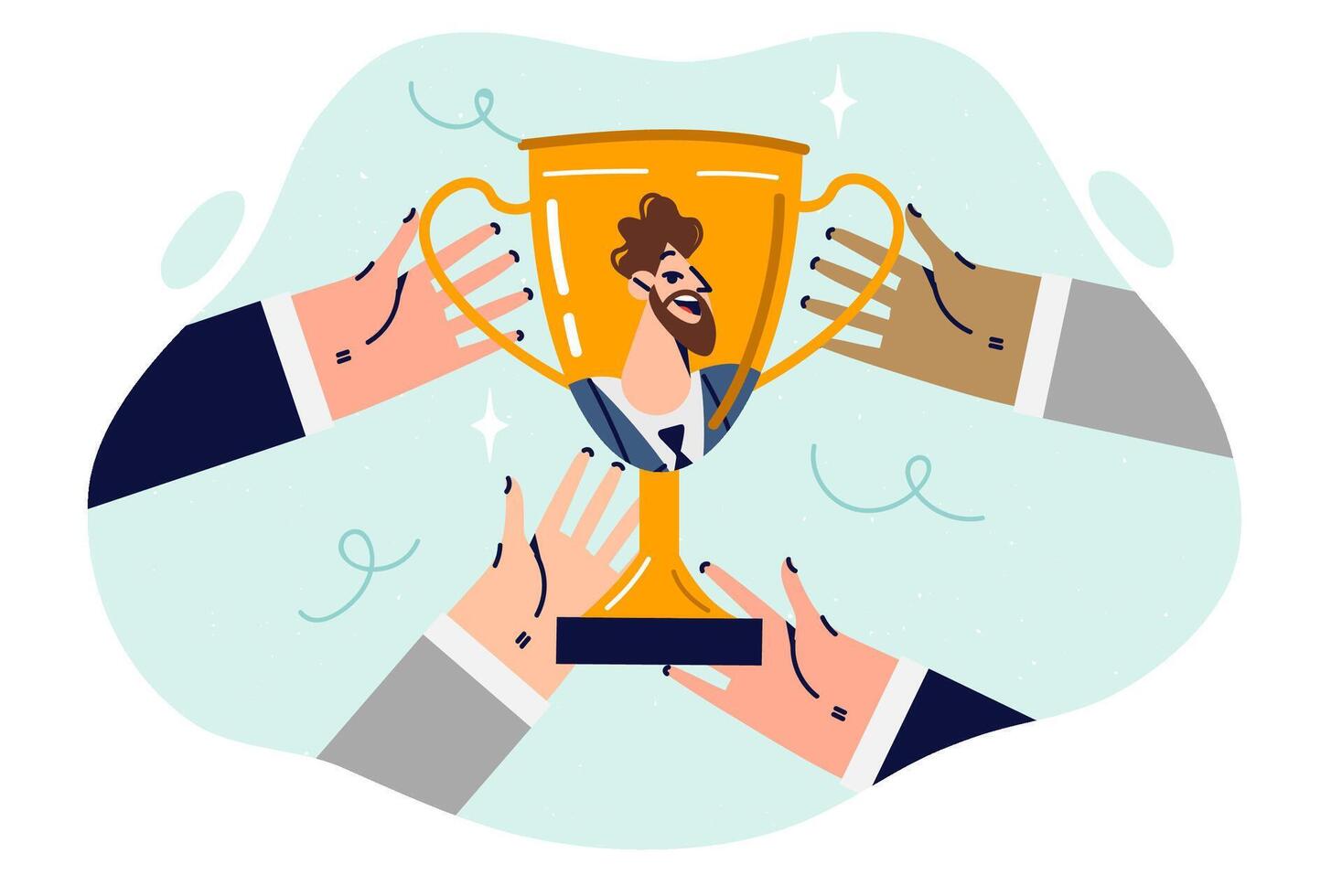 Golden cup with man face in hands of business people symbolizes teamwork and receiving trophy vector