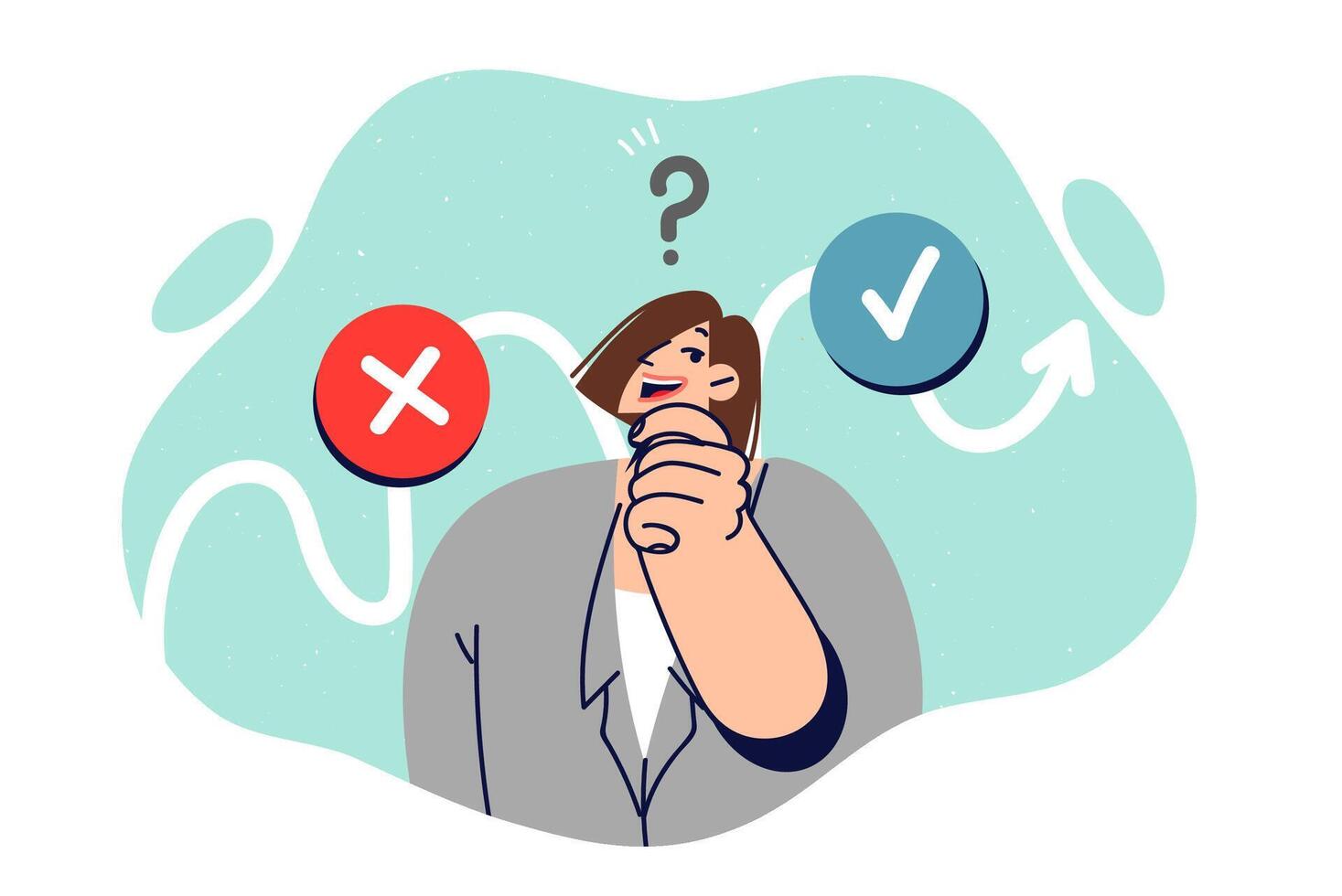 Way to solve problem comes up with woman in business suit touching chin during brainstorming session vector
