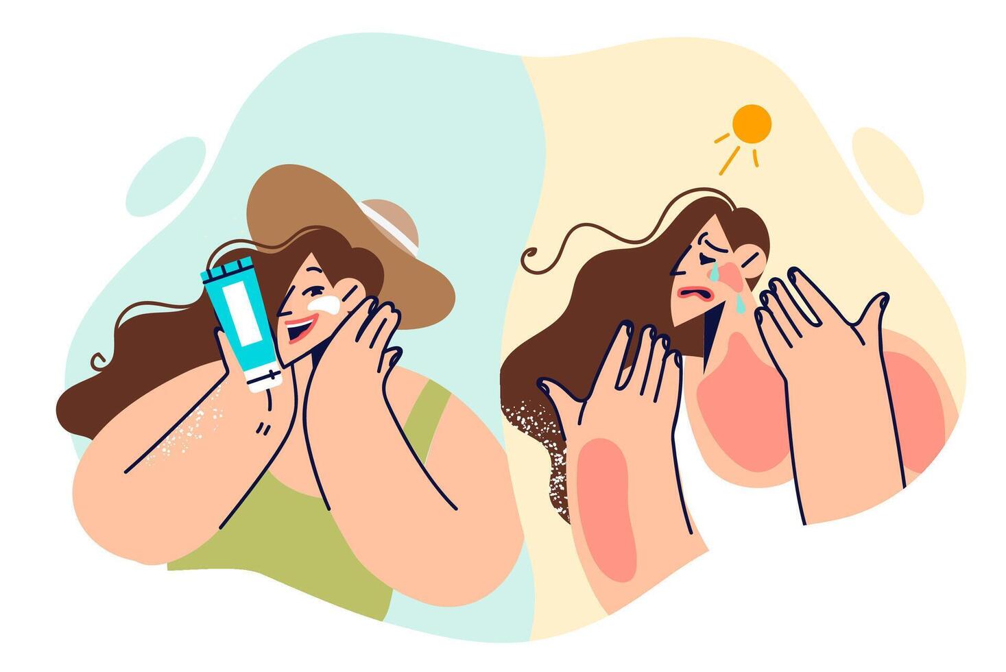 Woman using sunscreen suffered body burns and heatstroke due to poor-quality skin care product vector