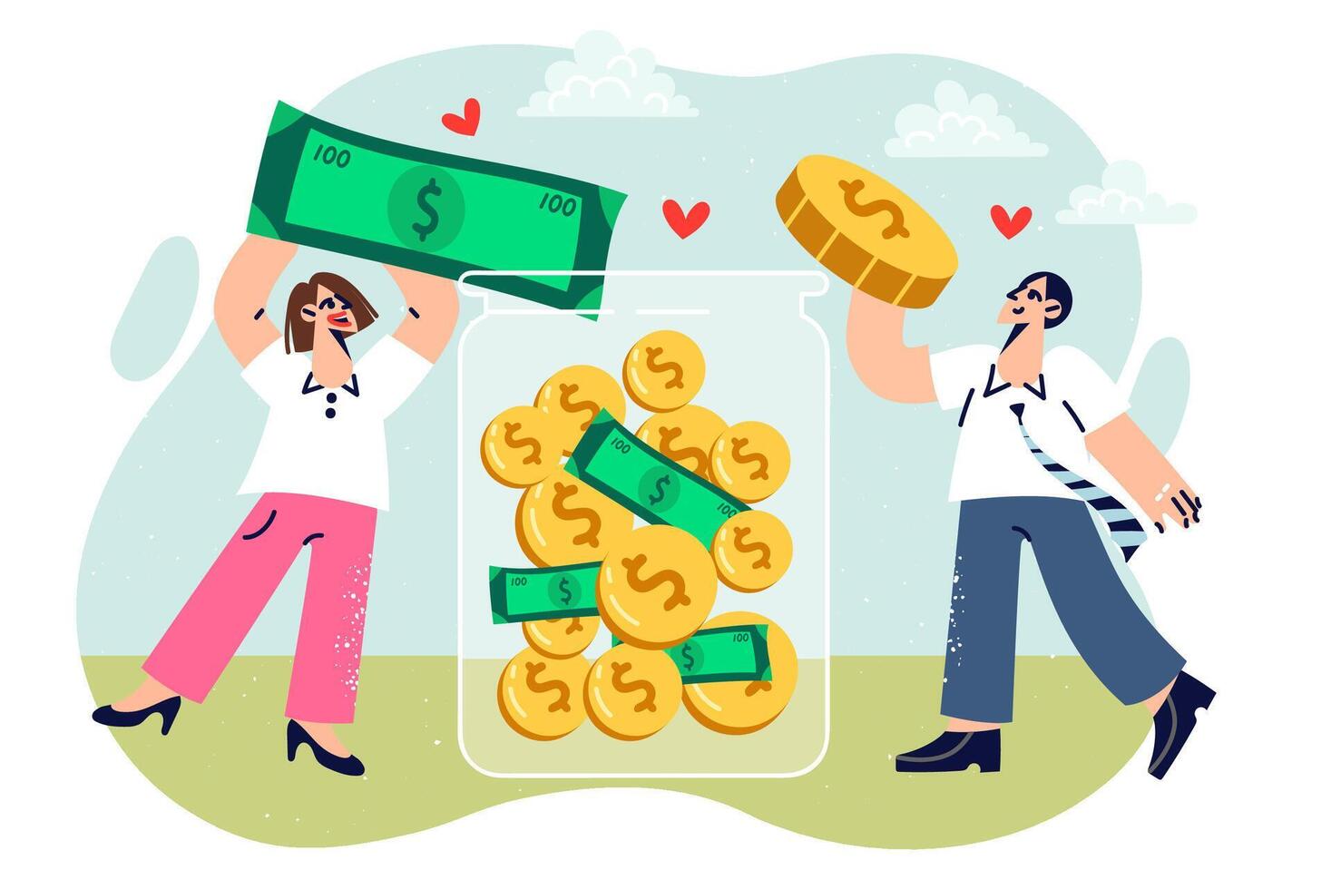 Monetary donations to charity from man and woman throwing coins and banknotes into transparent jar vector