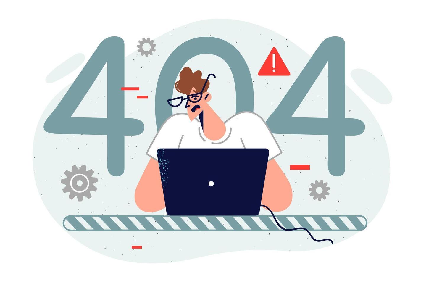 Man system administrator sees 404 error on website and repairs computer to fix problem vector