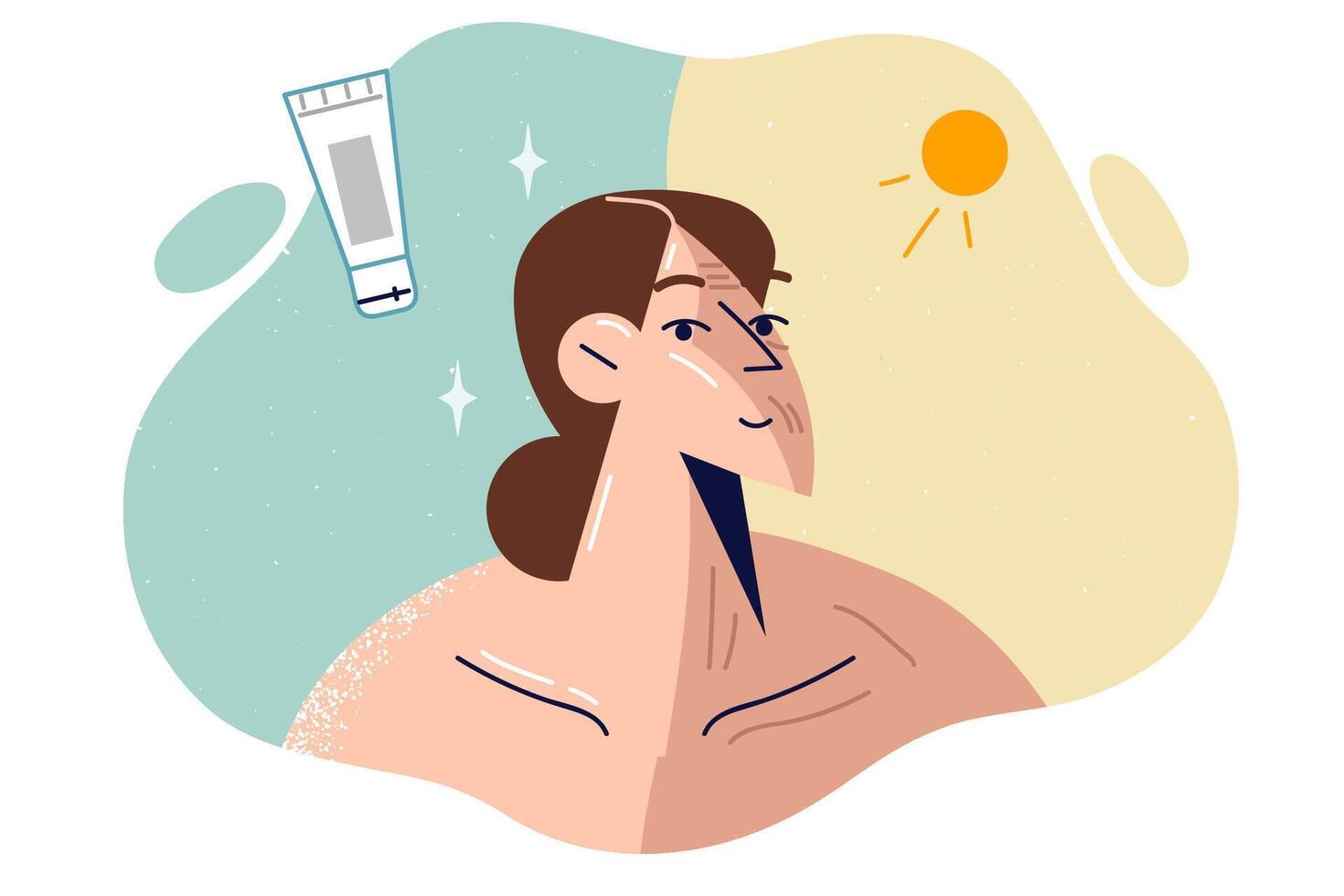 Girl uses SPF cream to avoid tanning in summer, for fear of getting skin cancer due to sun rays vector