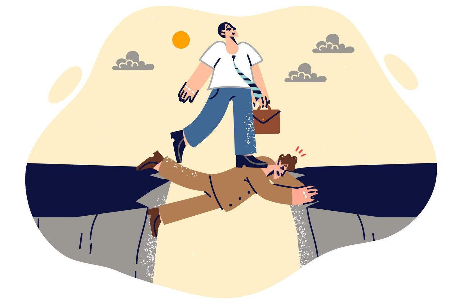 Business man exploits subordinate to achieve goals, walks over employee hanging over cliff vector