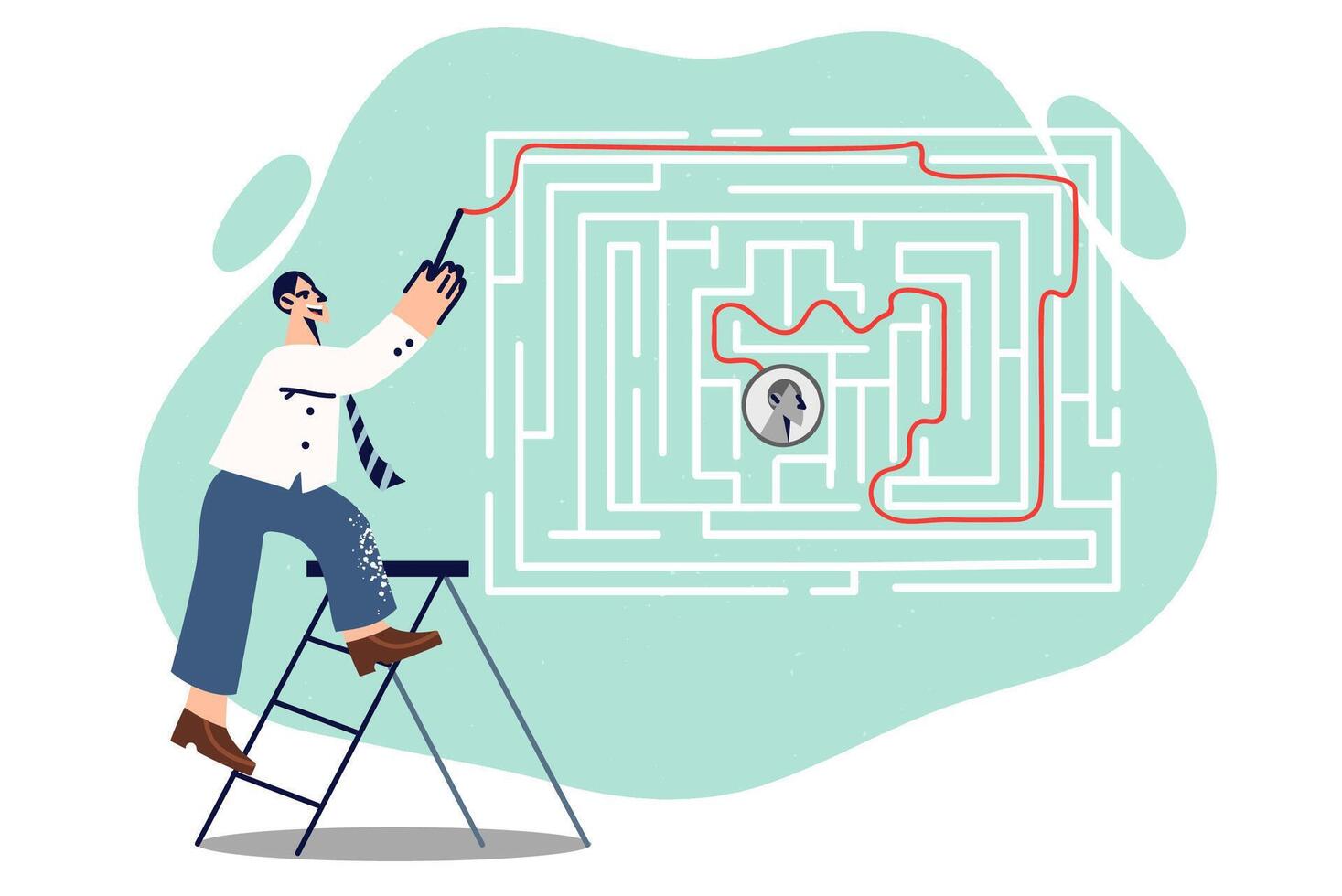 Smart man finds way out of maze, for concept of finding solution when moving up career ladder vector