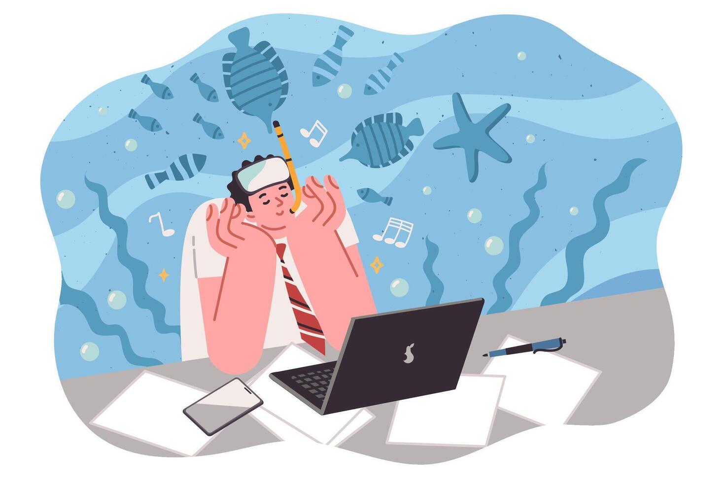 Man office clerk dreams of diving in ocean, sitting at workplace and imagining underwater swimming vector