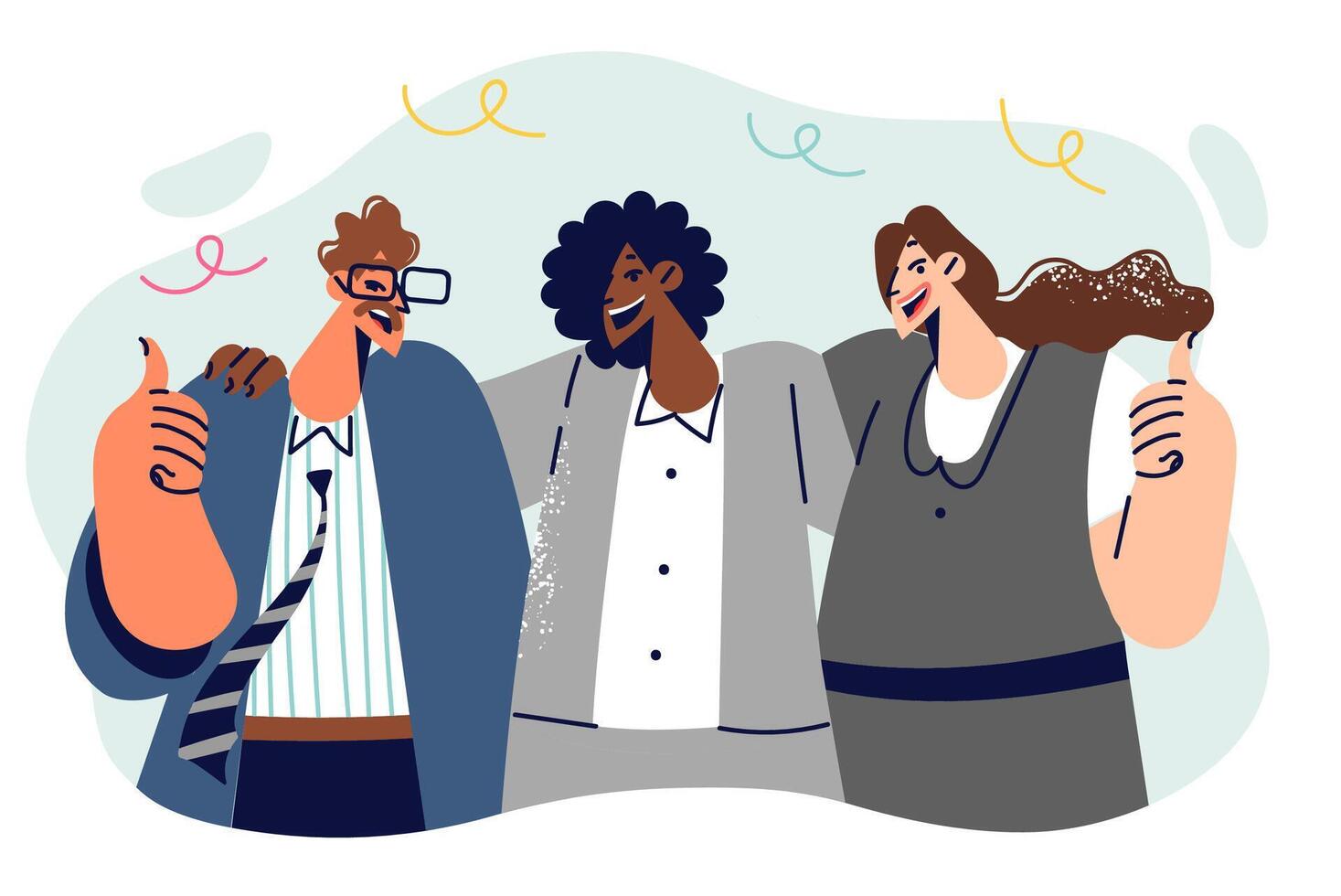 Team of business people hugging and showing thumbs up, celebrating company anniversary vector