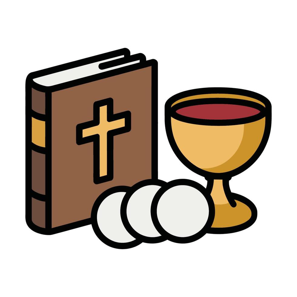 Christian Eucharist Symbols with Bible, Chalice, and Communion Hosts Illustration vector