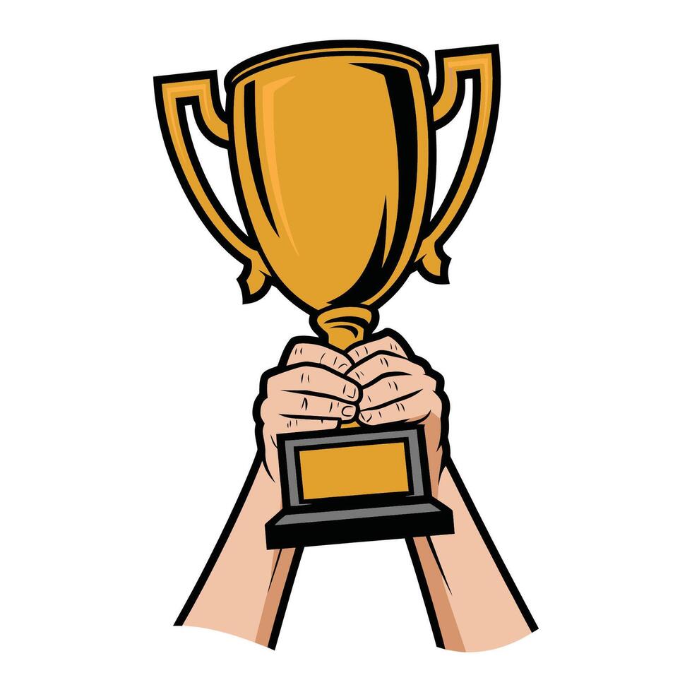 Hands holding golden trophy victory award illustration vector