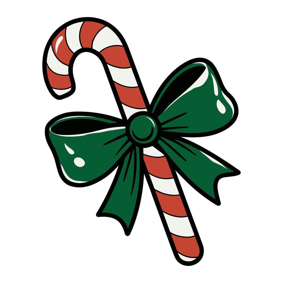 Festive red and white striped candy cane with green bow illustration vector