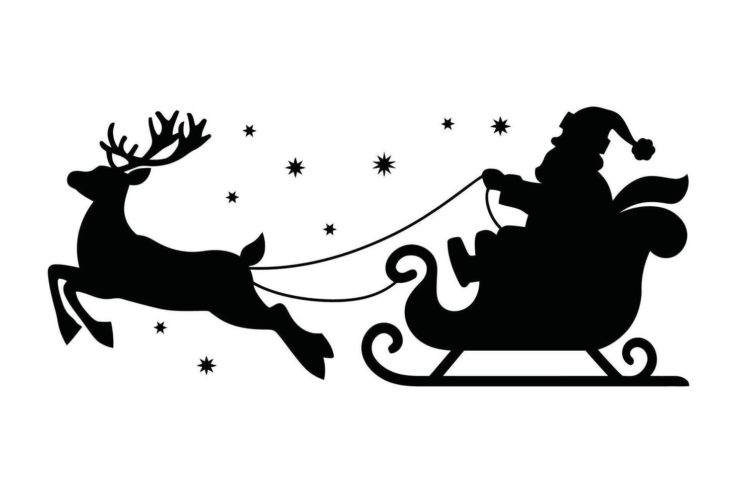 Silhouette of Santa Claus Riding Sleigh Pulled by Reindeer vector
