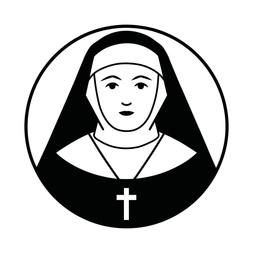 Nun Icon in Black and White with Cross Necklace in Circular Frame vector