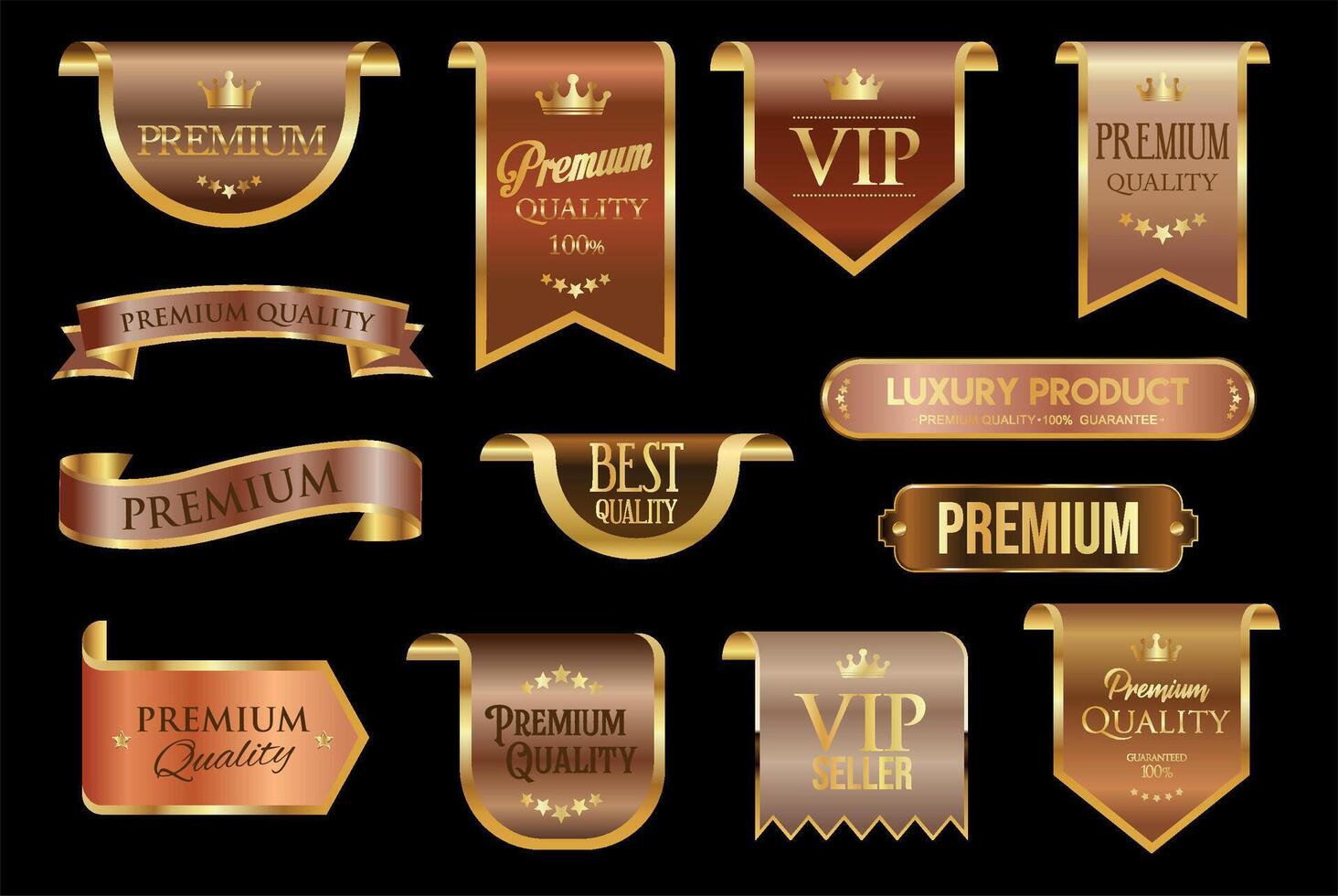 Gold and bronze luxury labels and badges premium quality certificate ribbons illustration vector
