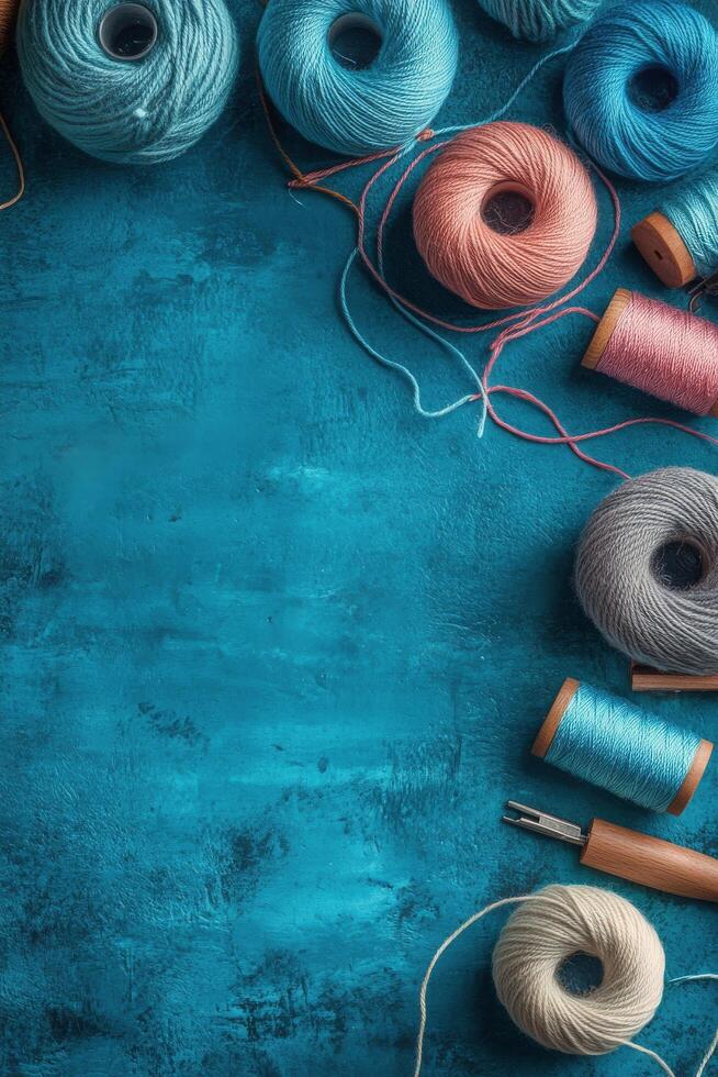 Colorful spools of yarn neatly arranged in a craft supply store showcasing vibrant textiles photo