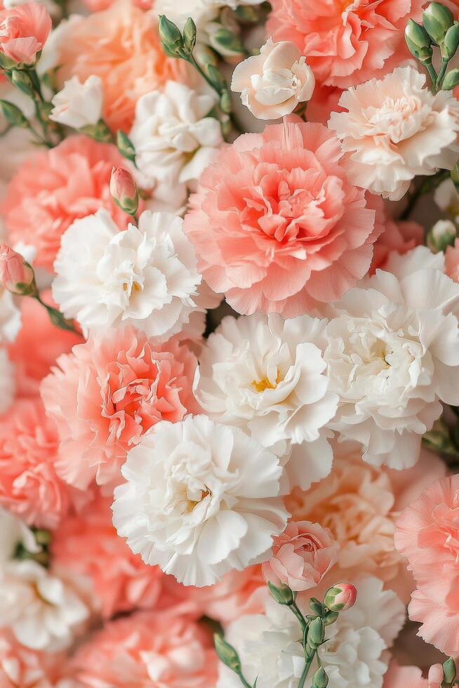 Delicate peach carnations bloom gracefully in a minimalist setting filled with soft lighting photo