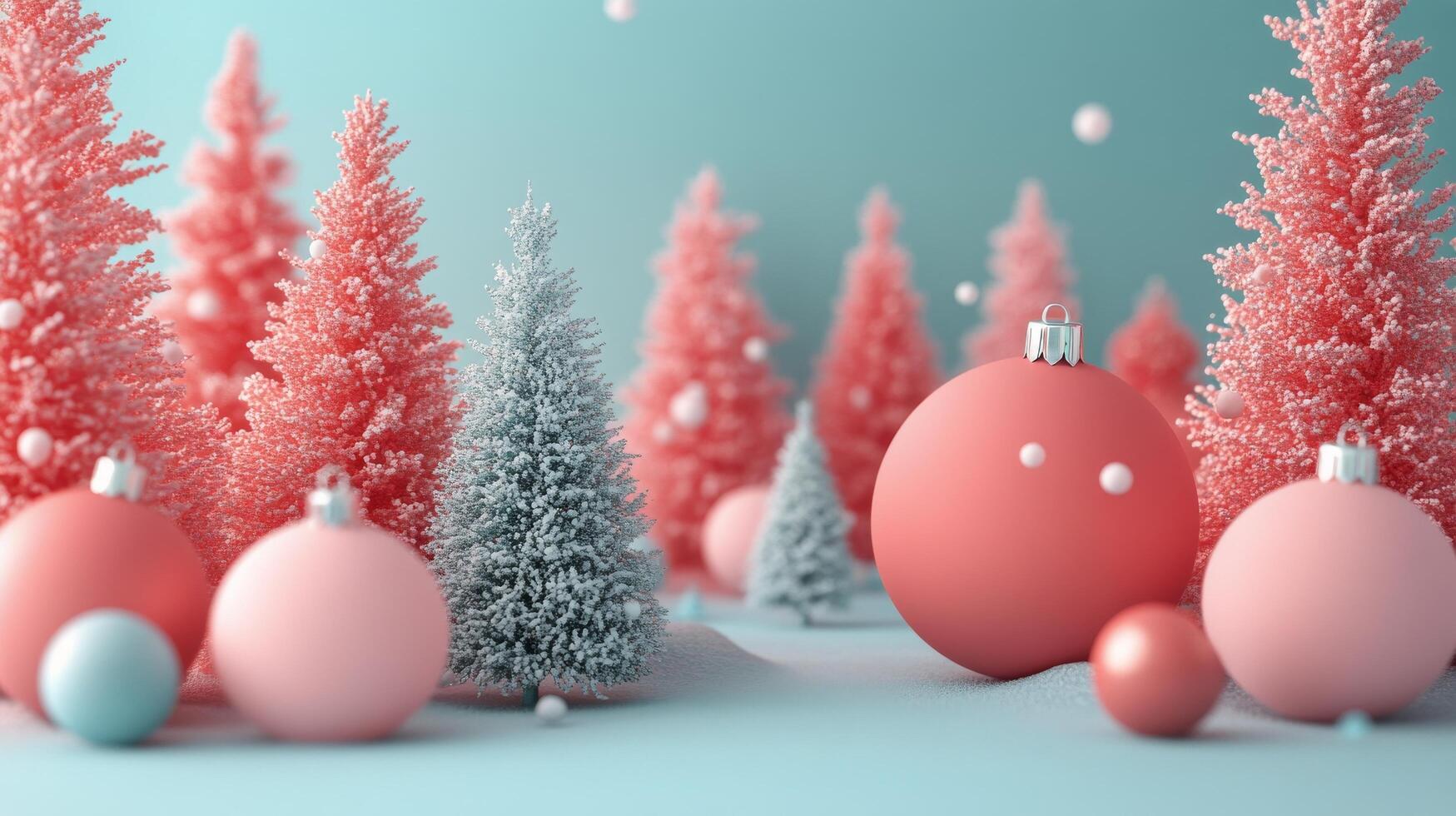 Elegant Christmas ornaments hanging over snowy backdrop with holiday decorations photo