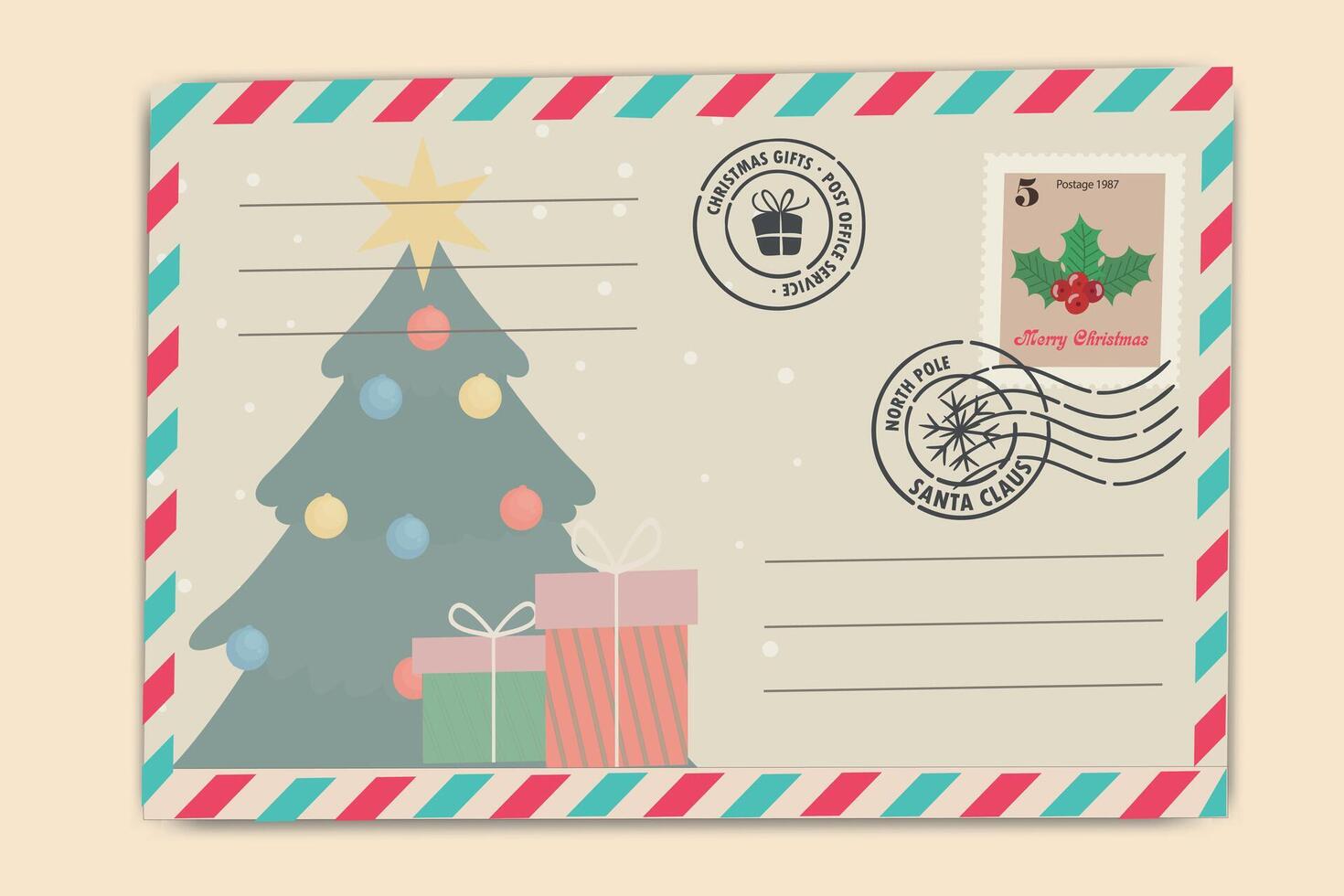 Vintage Christmas envelope template with Christmas tree, gifts and festive holiday stamp. Merry Christmas card. Minimalistic winter holiday vintage greeting card. vector