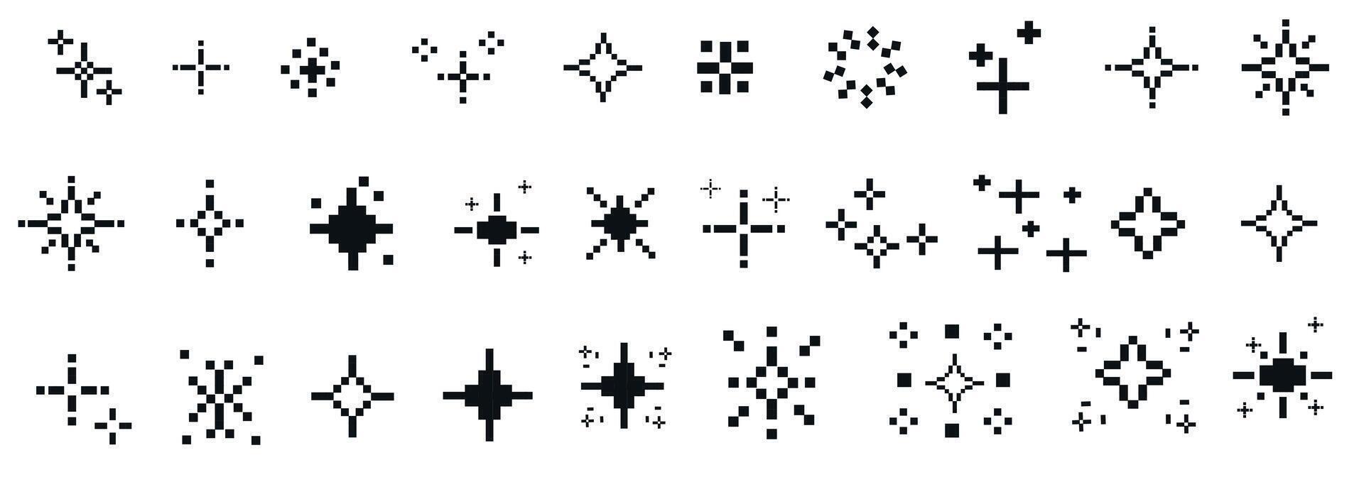 Pixel art stars. Retro decorative night pixelated sparkling elements. Black star and glitter for mobile games. 8-bit retro style illustration. vector