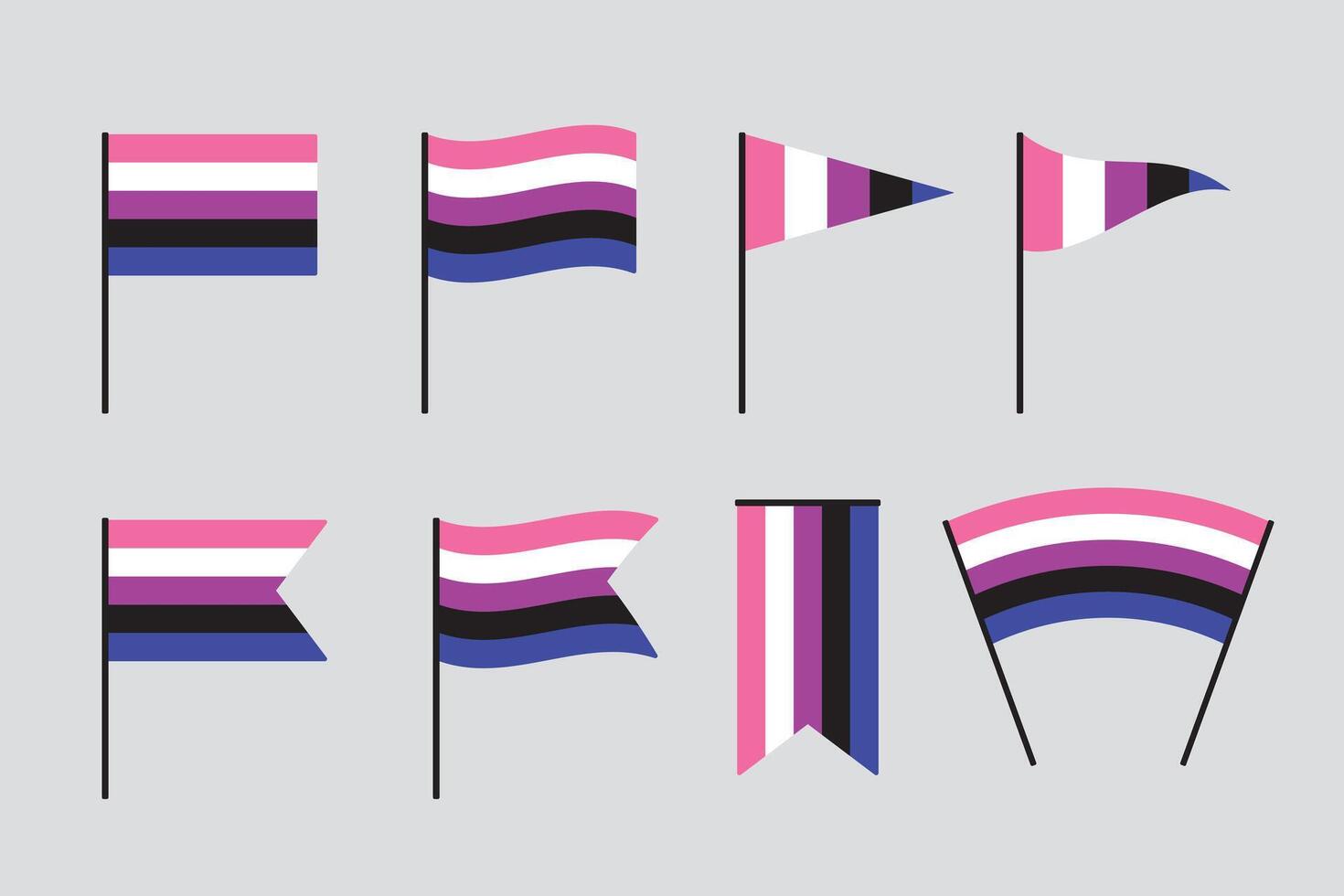 Pink, white, purple, black and blue colored genderfluid flags. LGBTQI concept. Flat design illustration. vector