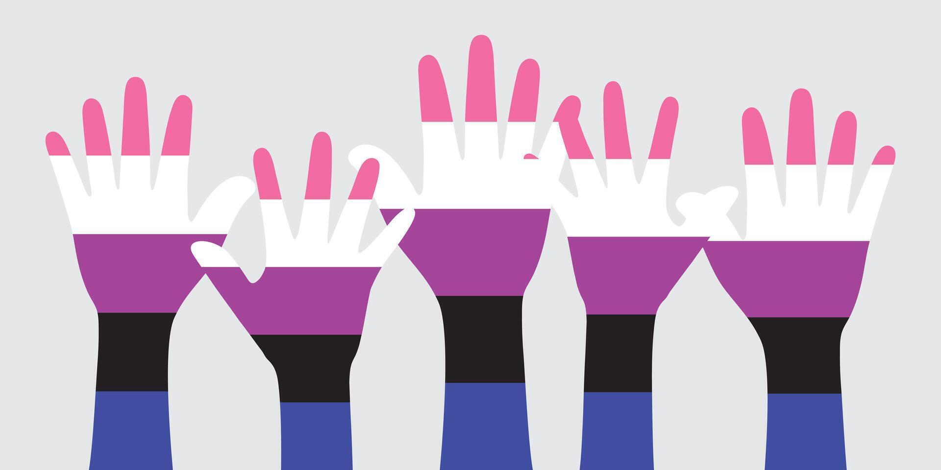 Silhouette of pink, white, purple, black and blue colored hands as the colors of the genderfluid flag. Flat design illustration. vector