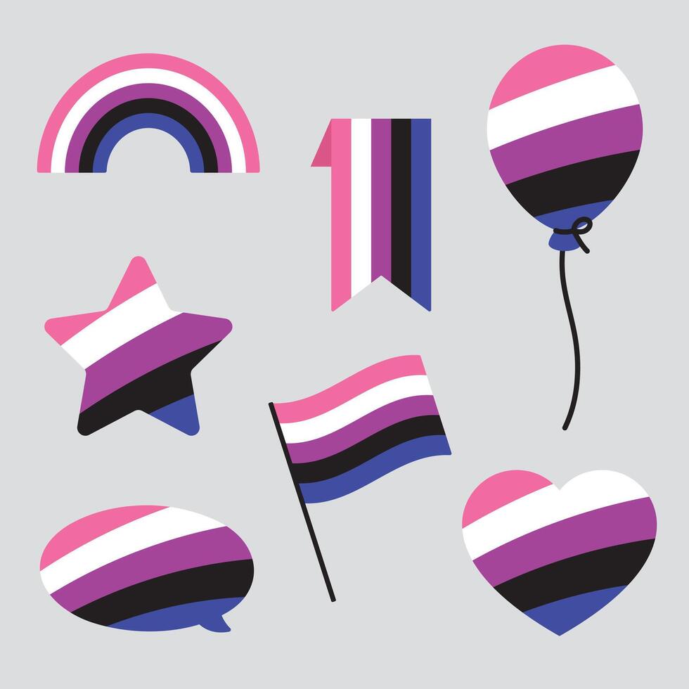 Pink, white, purple, black and blue colored heart, star, balloon, speech bubble icons, as the colors of the genderfluid flag. LGBTQI concept. Flat design illustration. vector