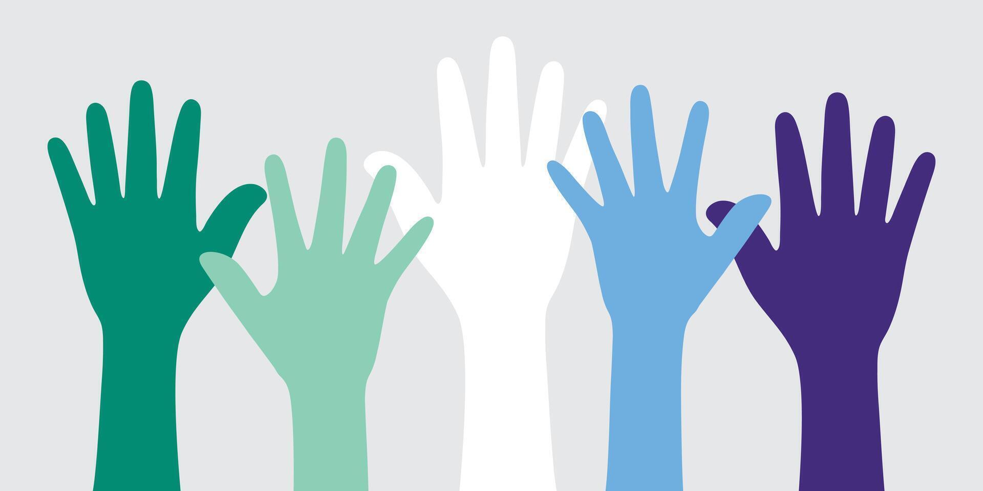Silhouette of green, white, blue and purple colored hands as the colors of the gay man flag. Flat design illustration. vector