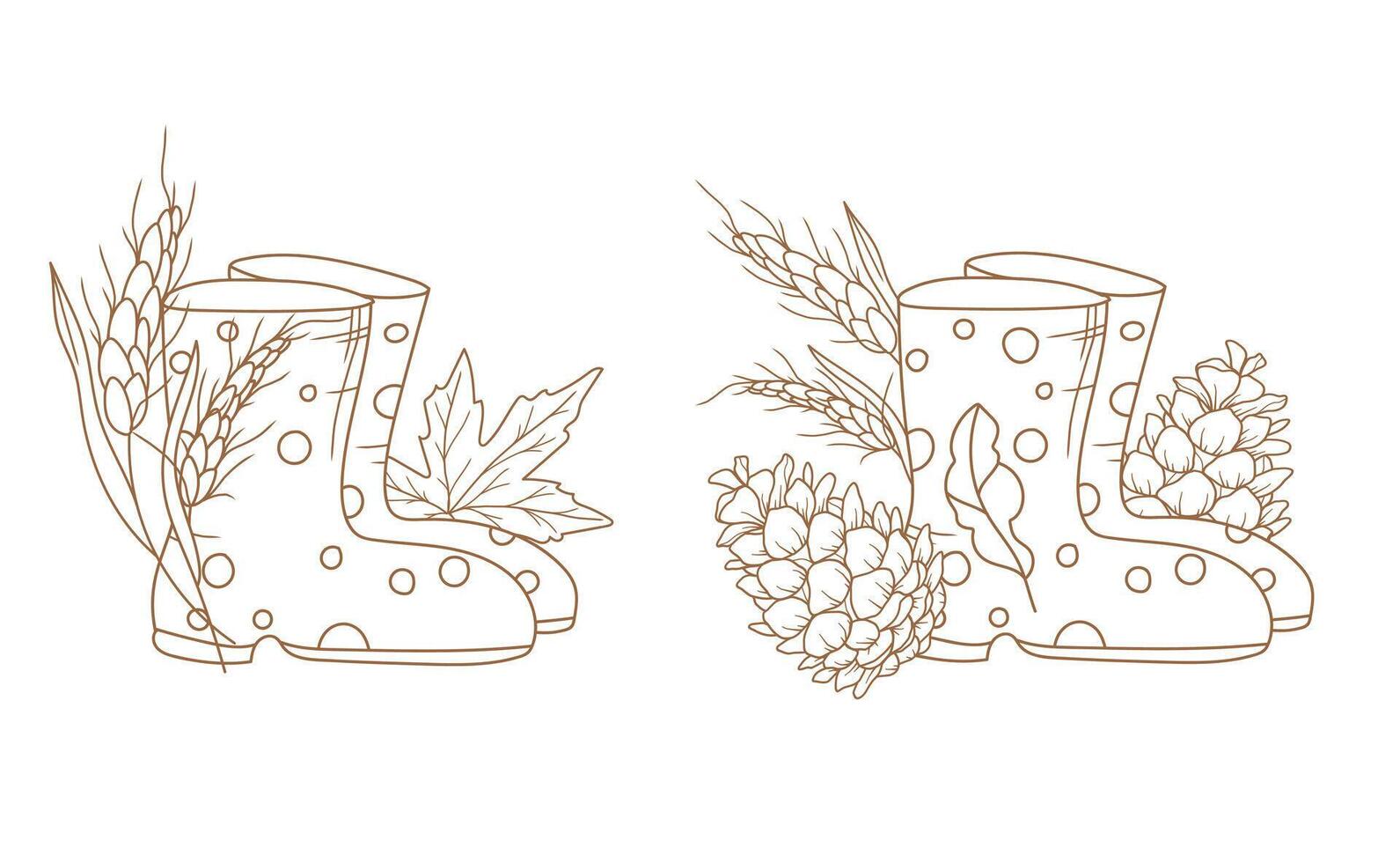 Rain Boots with wheat spike and Leaves. Fall arrangements isolated on white. Boots line art ilustration. Fall Hand Drawn Outline. Fall Coloring Page. Traditional Thanksgiving Graphics vector