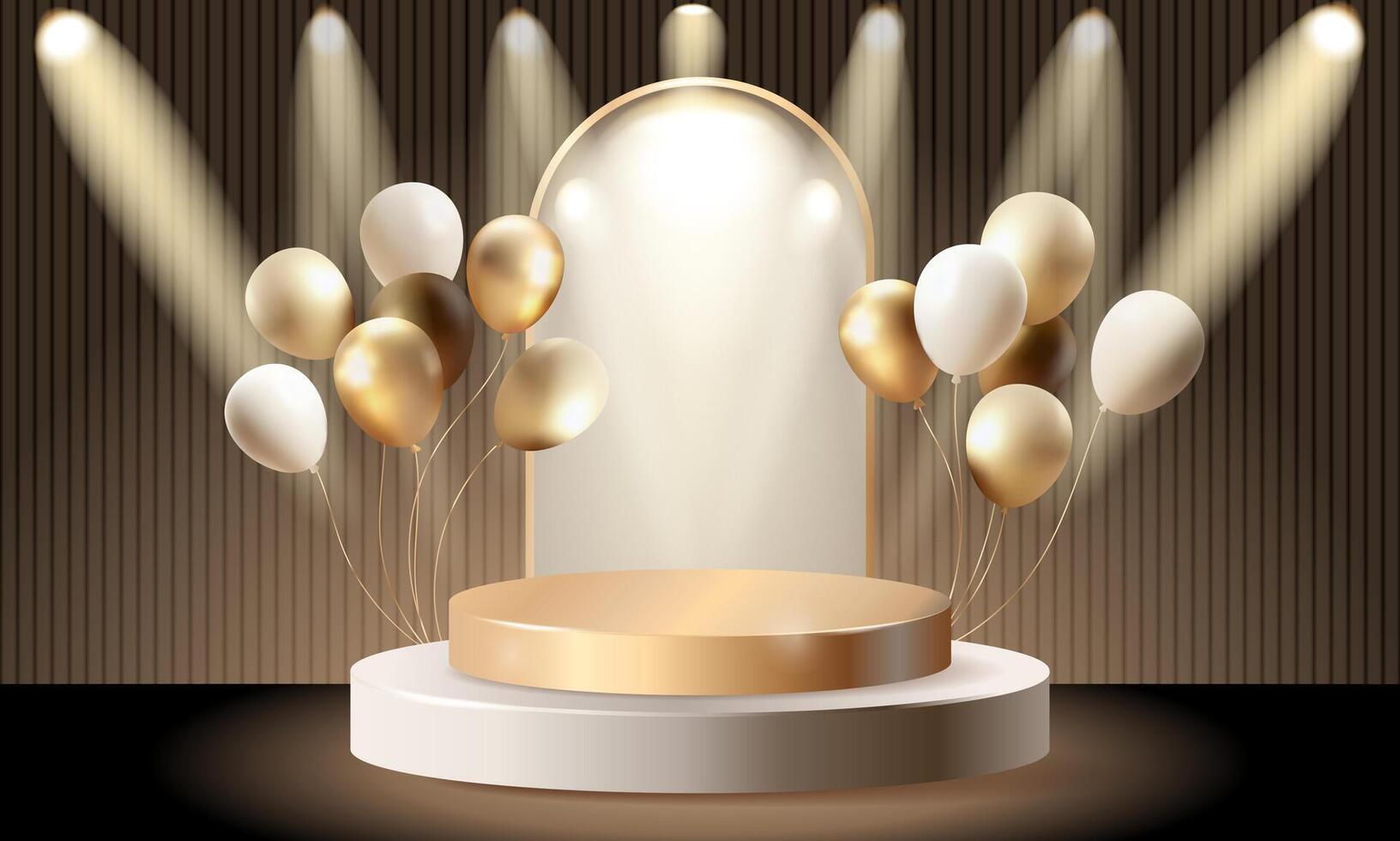 Luxury scene podium with balloons with floodlighting.Product golden podium with realistic 3d luxury style background. geometric rendering platform for product display presentation vector