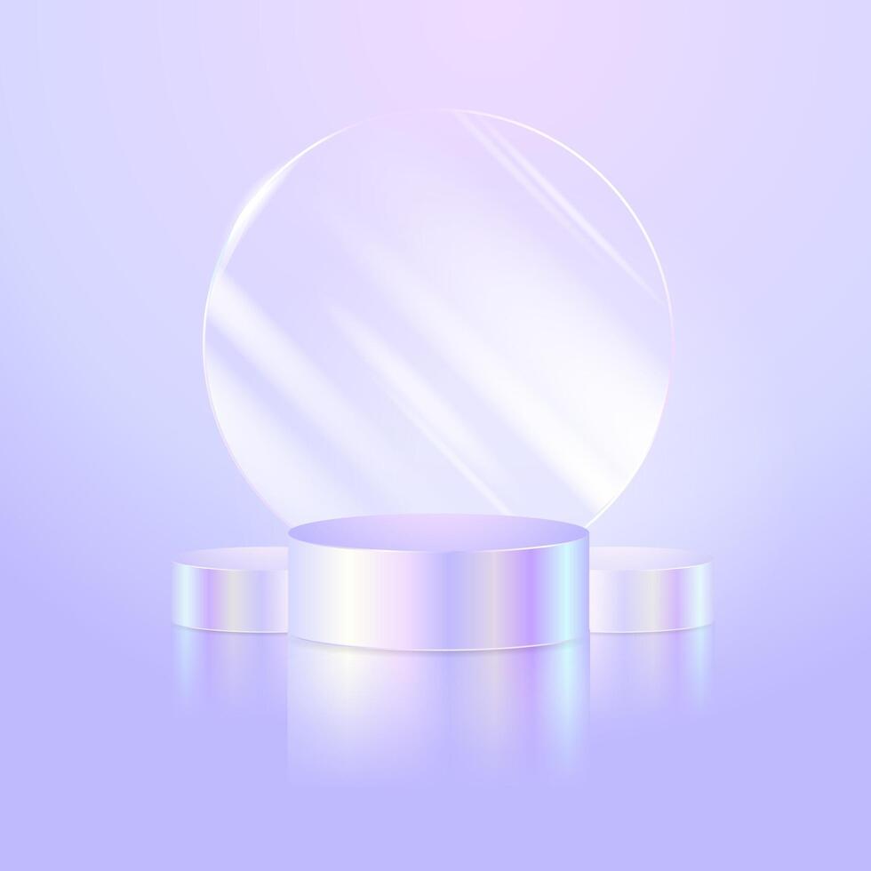 Holographic platform podium and transparent glass display realistic modern design for product presentation,cosmetics beauty mockup, showcase.Podium for advertising.Universal background platform. vector