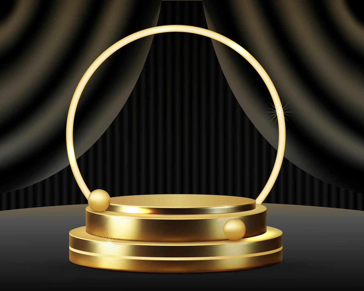 luxury golden podium for product with black satin curtains, product presentation on premium wall background vector