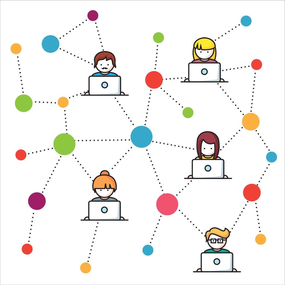 People working on laptops connected to a network vector