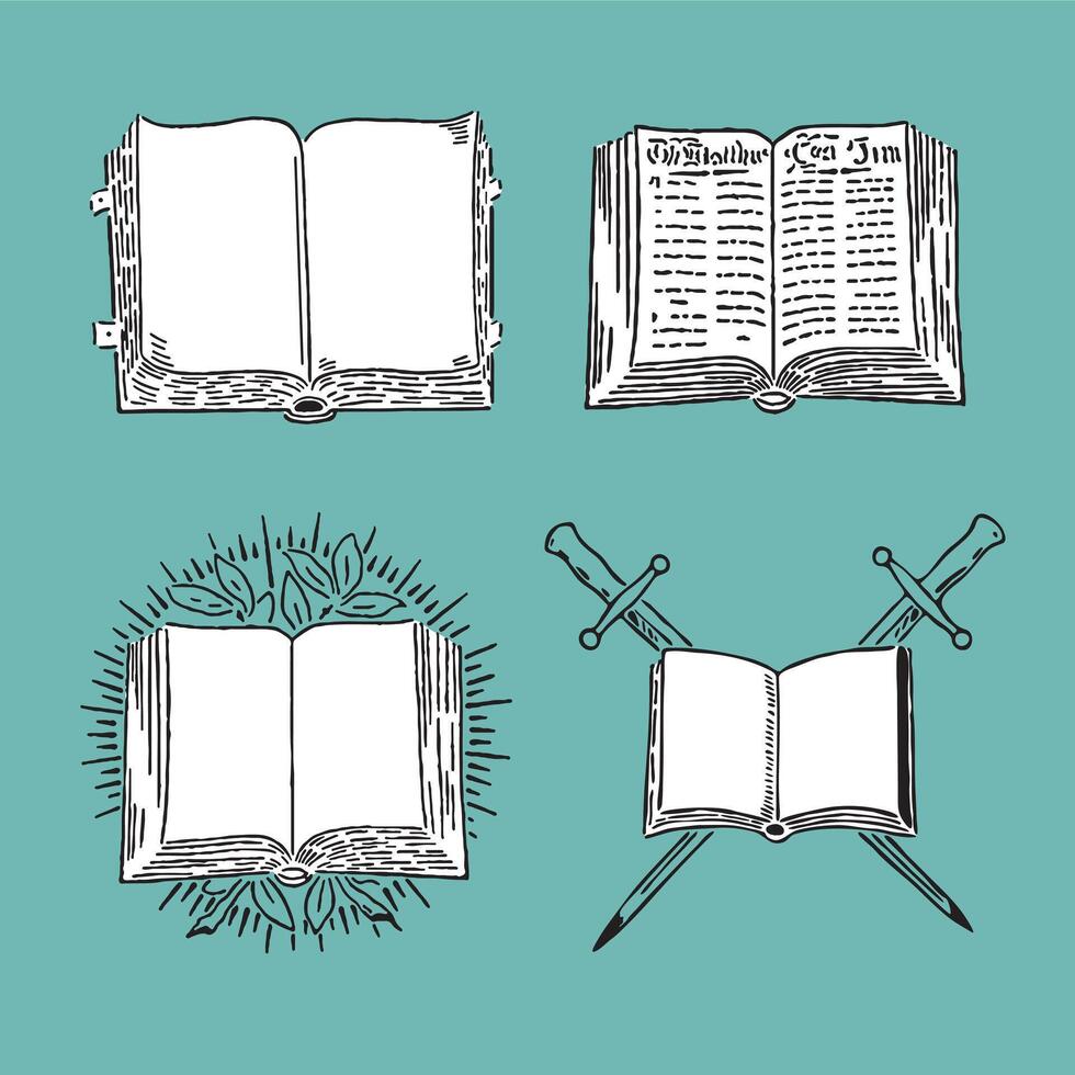Set of bible, sword and book illustration vector
