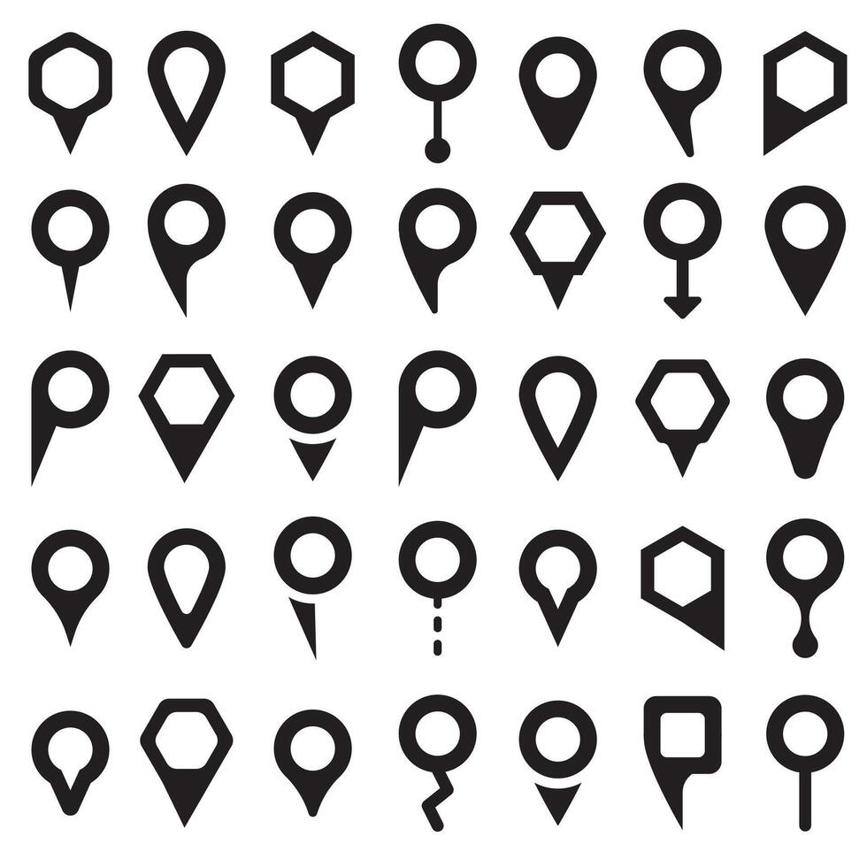 black map pointer icons set on white background. Collection of 45 icons vector