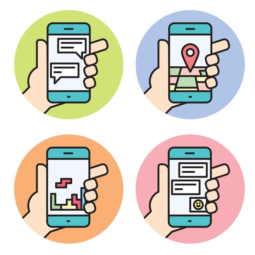 Set icons of hand holding smartphone linear icon. Smartphone gps, game, chat, app symbol. vector