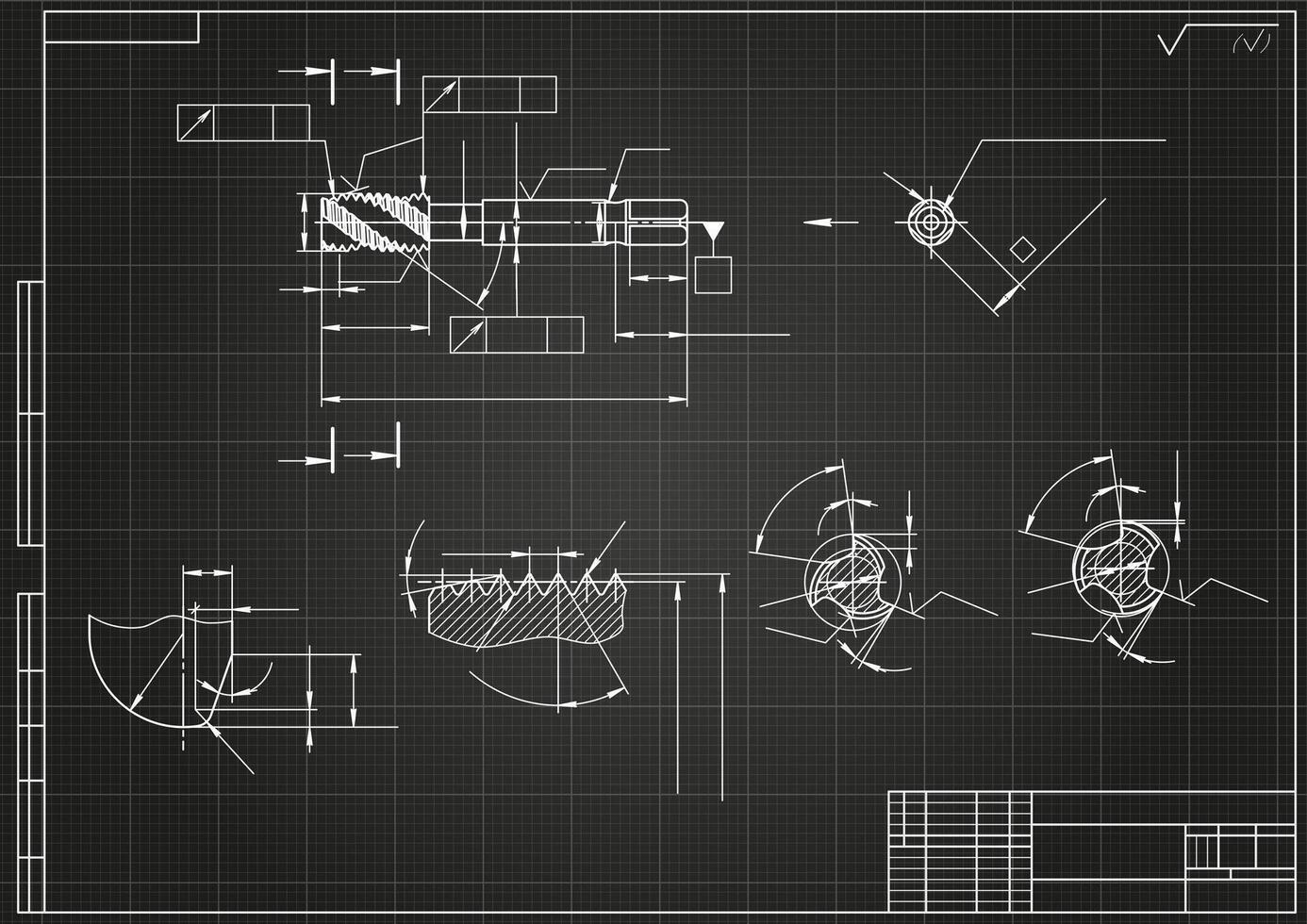 Mechanical engineering drawings on black background. Tap tools, borer. Technical Design. Cover. Blueprint. vector