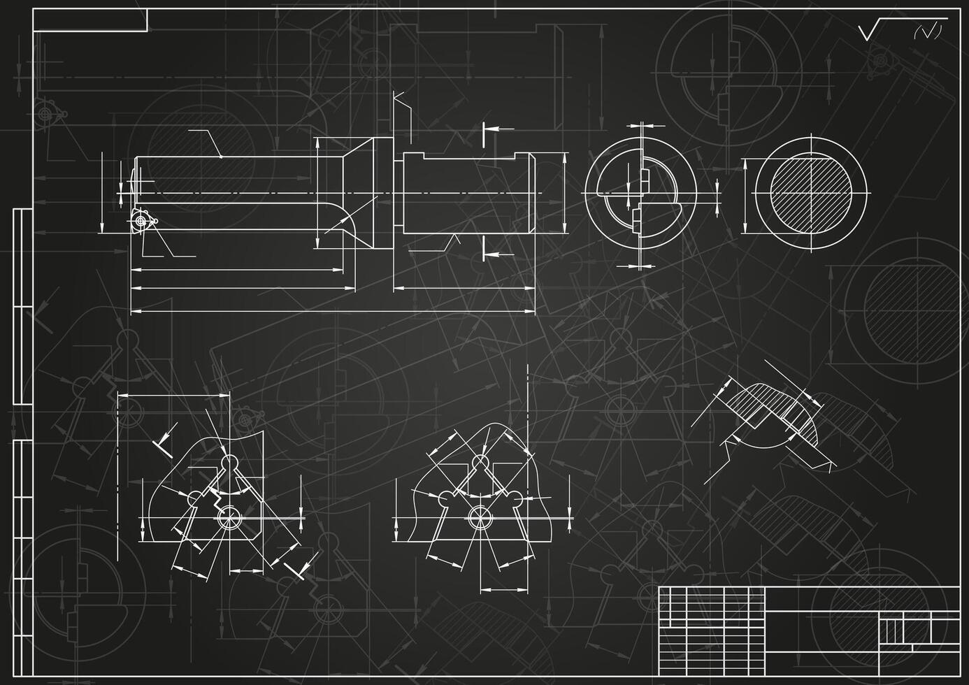 Mechanical engineering drawings on black background. Tap tools, borer. Cover. Blueprint vector