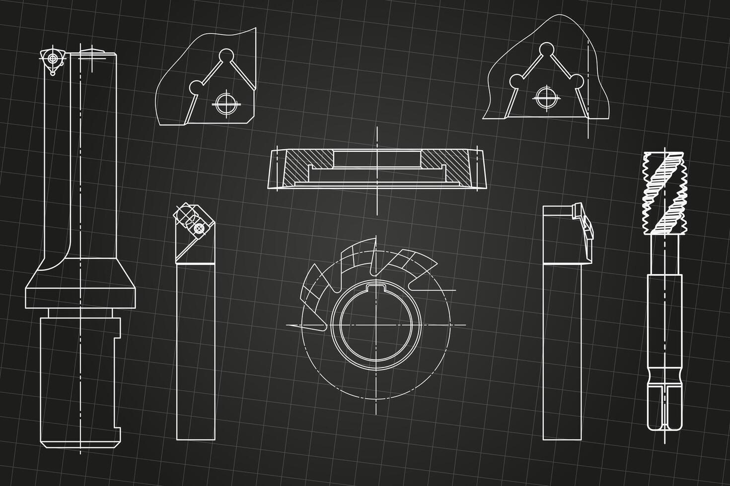 Mechanical engineering drawings on black background. Tap tools, borer, cutting tools, milling cutter. Technical Design. Cover. Blueprint. vector