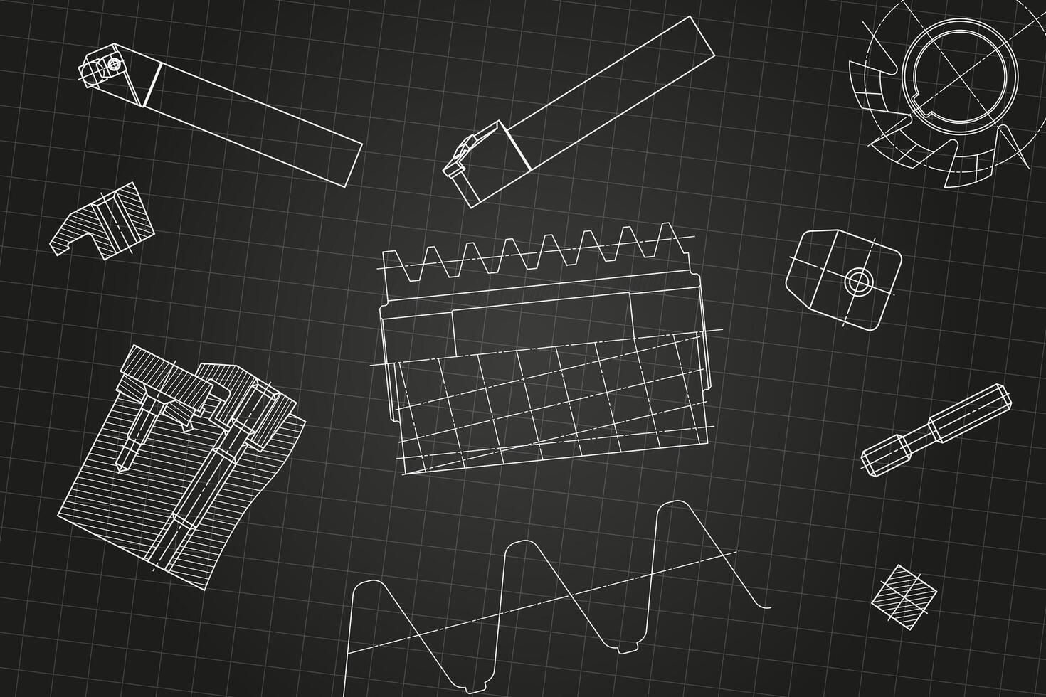 Mechanical engineering drawings on black background. Tap tools, borer, cutting tools, milling cutter. Technical Design. Cover. Blueprint illustration. vector