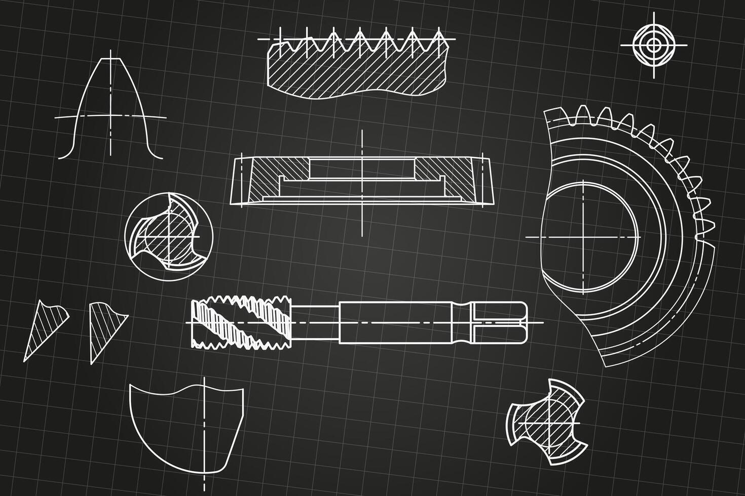 Mechanical engineering drawings on black background. Tap tools, borer, cutting tools, milling cutter. Technical Design. vector