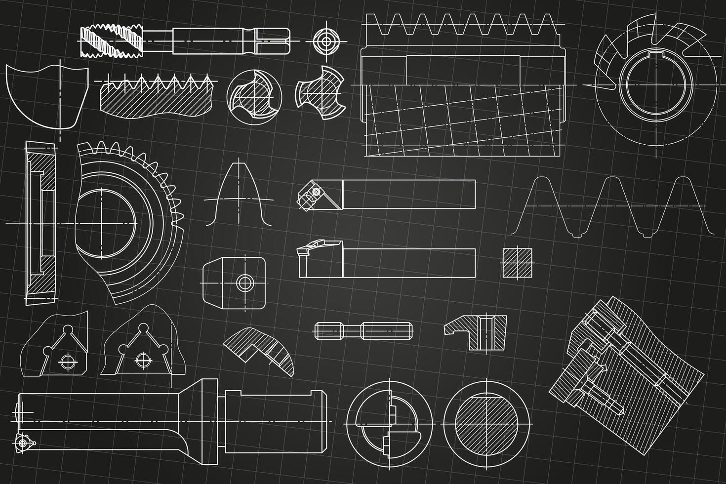Mechanical engineering drawings on black background. Tap tools, borer, cutting tools, milling cutter. Technical Design. Cover. Blueprint. vector