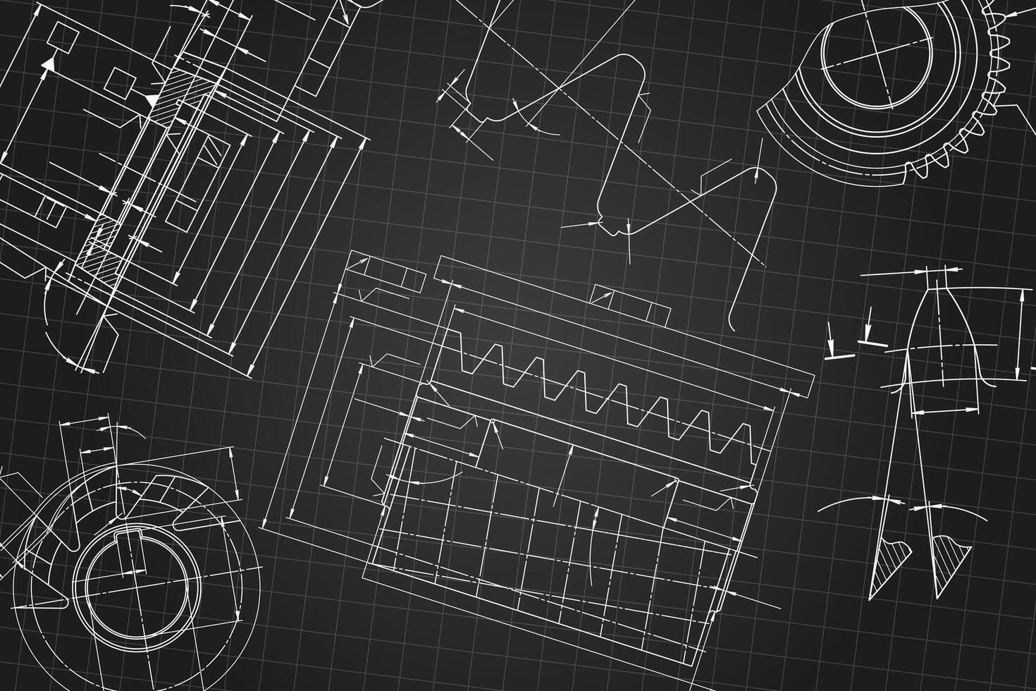 Mechanical engineering drawings on black background. Tap tools, borer, cutting tools, milling cutter. Cover. Blueprint. vector