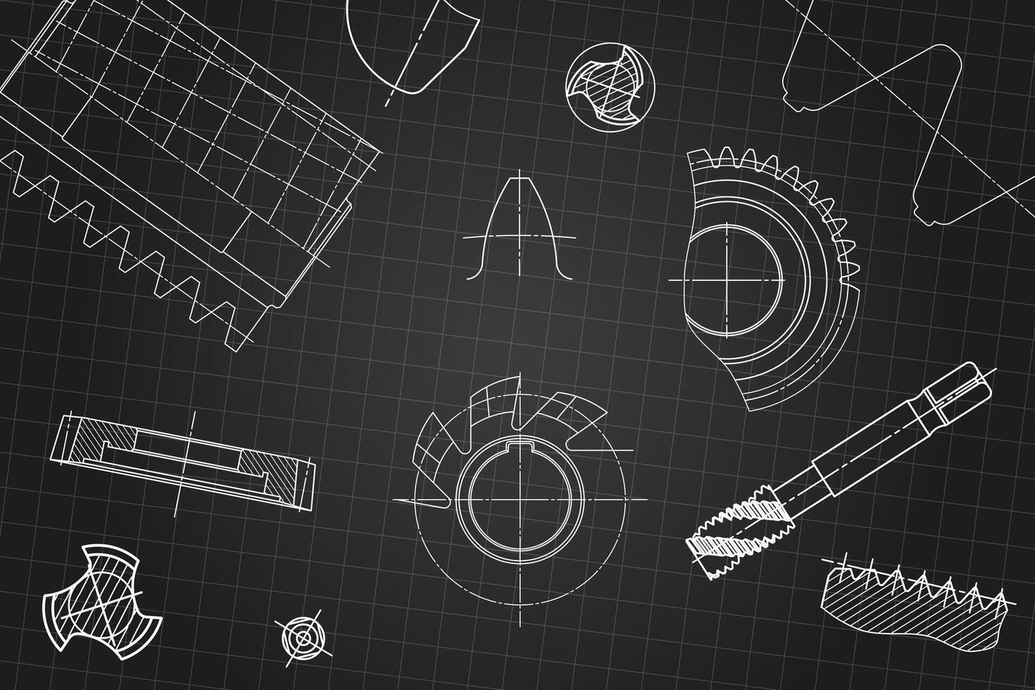 Mechanical engineering drawings on black background. Tap tools, borer, cutting tools, milling cutter. Technical Design. Cover. Blueprint vector