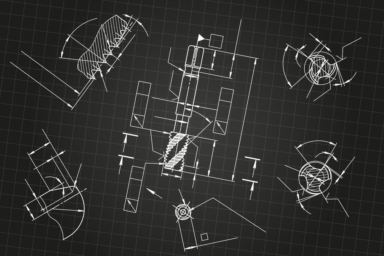 Mechanical engineering drawings on black background. Tap tools, borer. Technical Design. Blueprint. vector