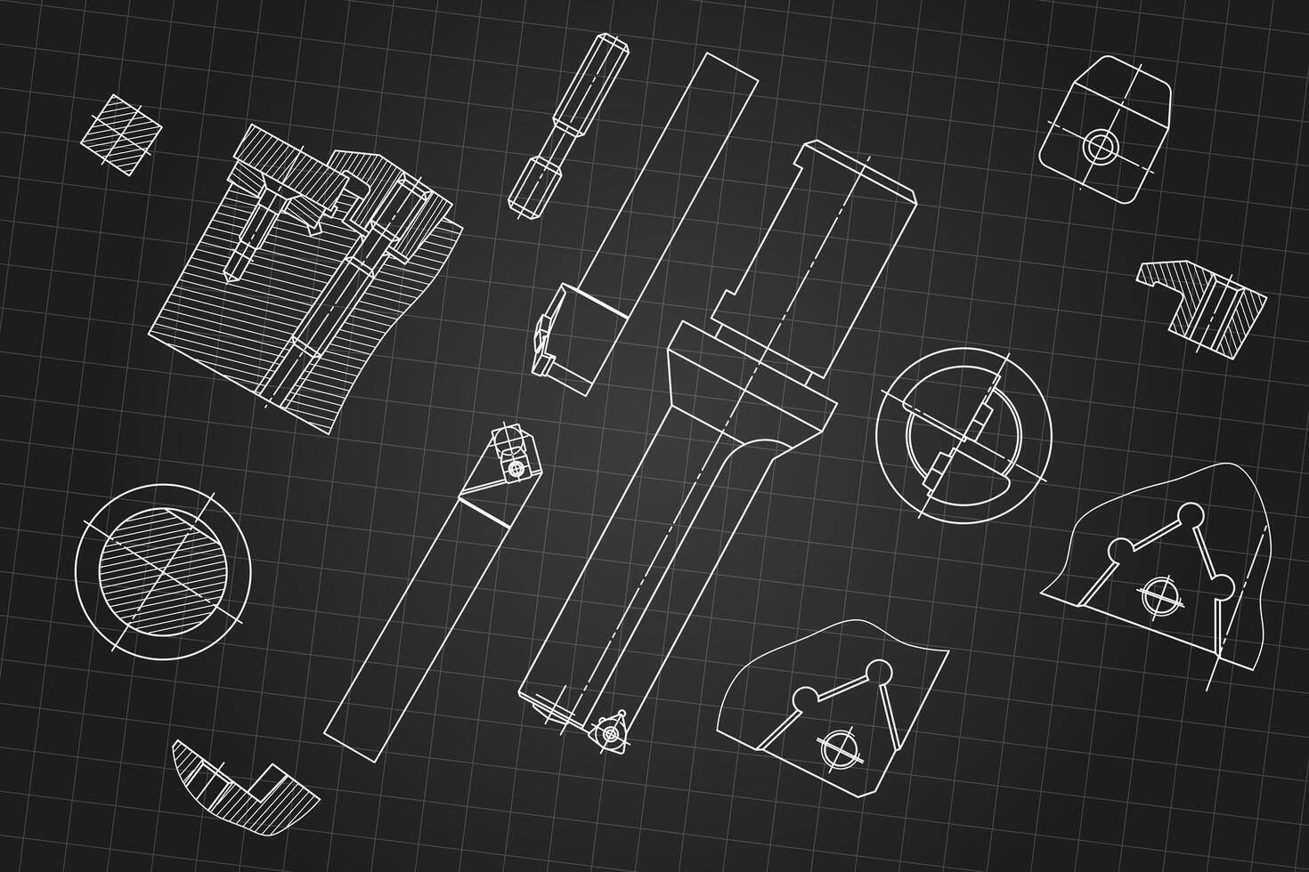 Mechanical engineering drawings on black background. Tap tools, borer, cutting tools, milling cutter. Technical Design. Blueprint. vector