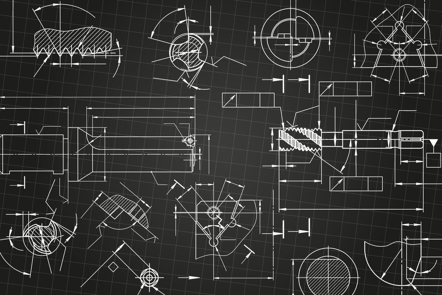 Mechanical engineering drawings on black background. Tap tools, borer, cutting tools, milling cutter vector