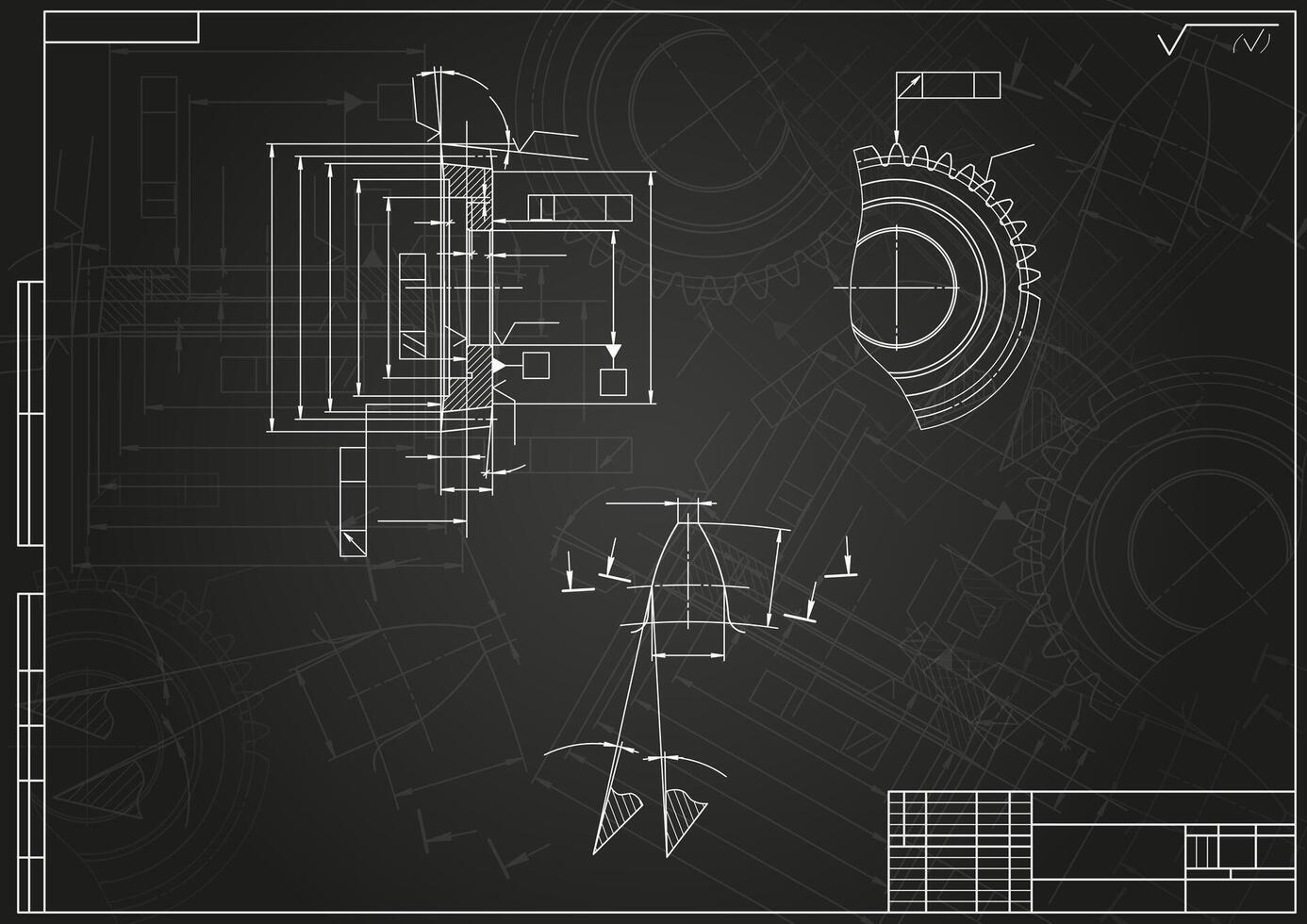 Mechanical engineering drawings on black background. Gear cutting tool. Technical Design. Cover. vector