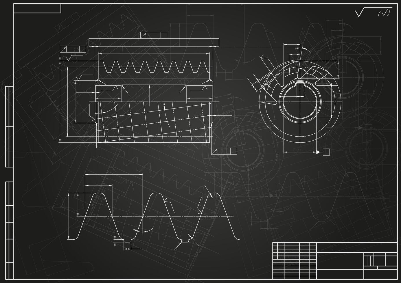 Mechanical engineering drawings on black background. Cutting tools, milling cutter. Technical Design. Cover. Blueprint.. vector